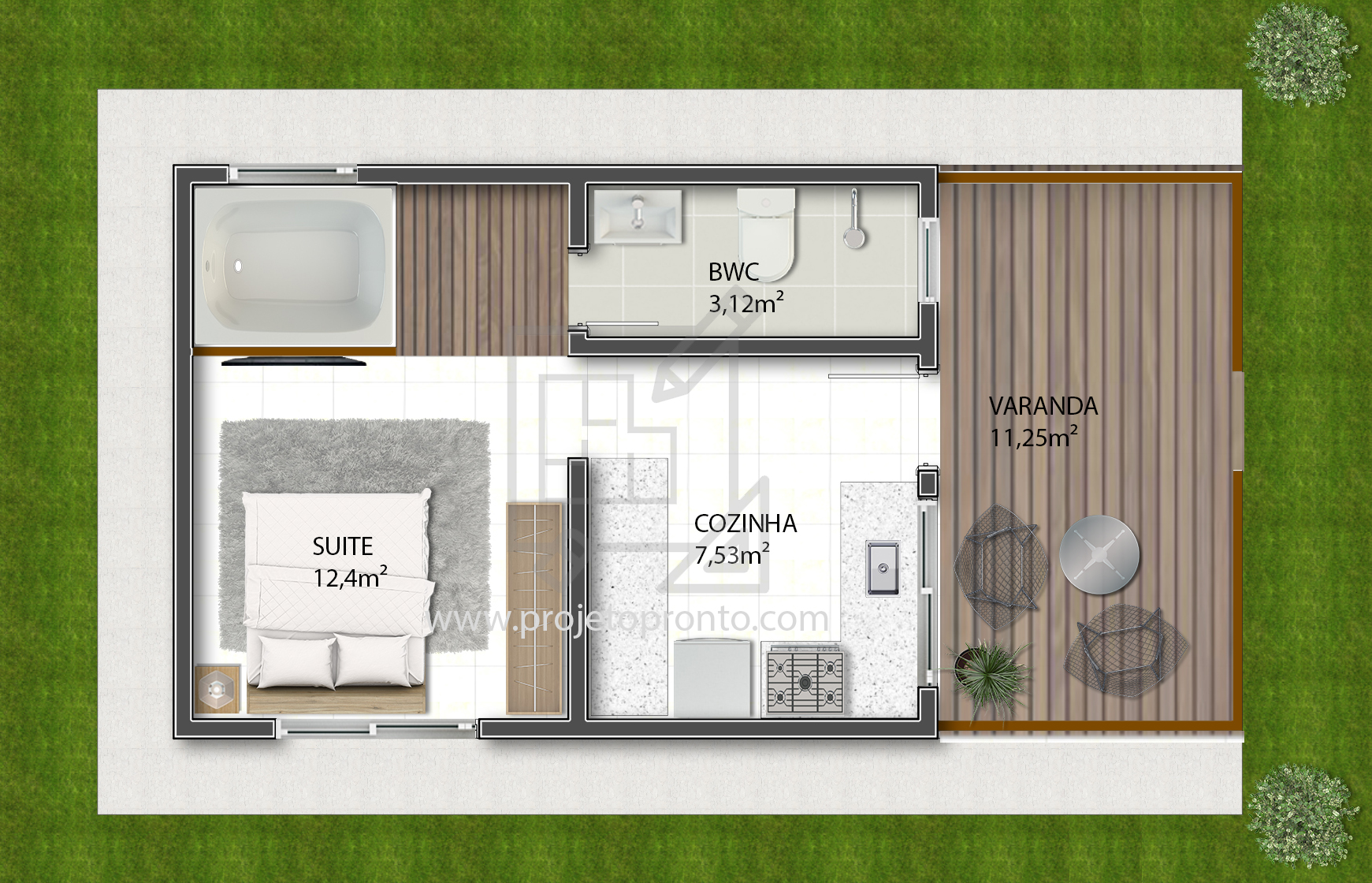Planta chalé 1 quarto pequeno