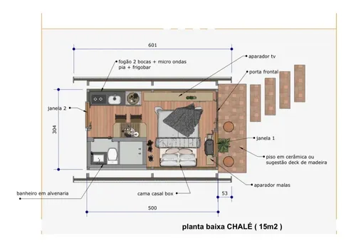 Planta chalé 1 quarto pequeno