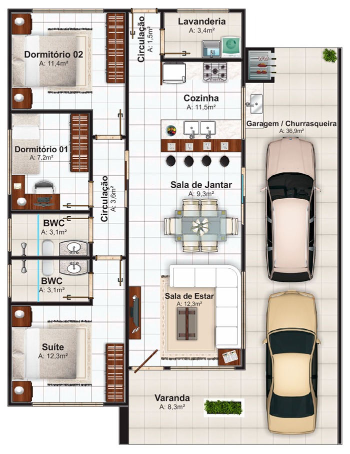 planta de casa 3 quartos com suite