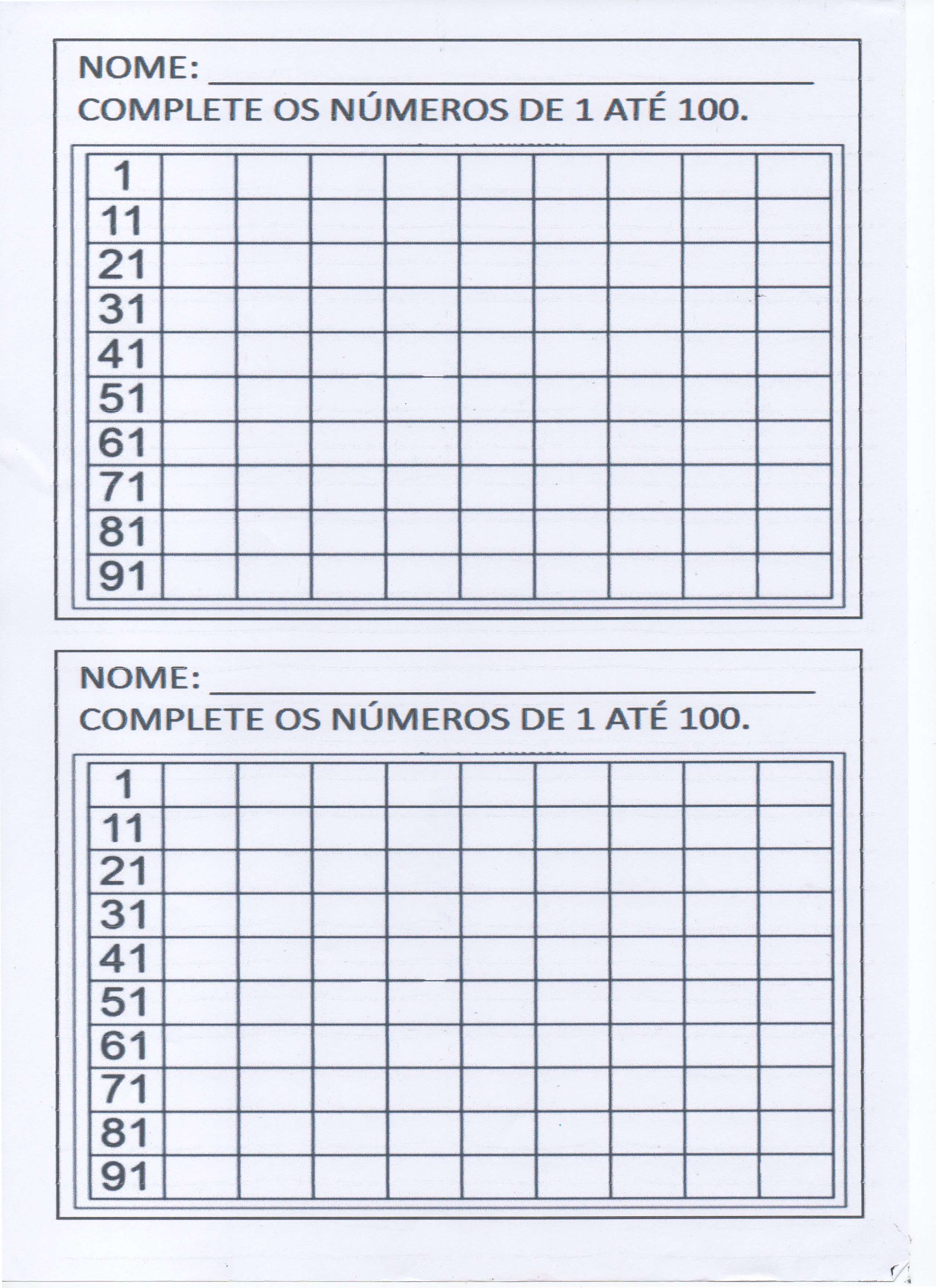 exercícios de matemática 1º ano quadro numérico