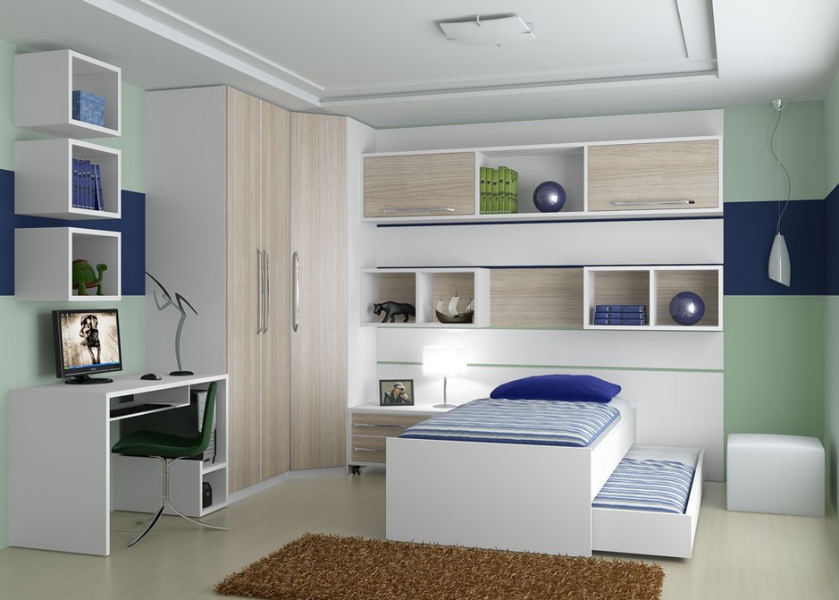 Quarto de solteiro planejado com armário aéreo