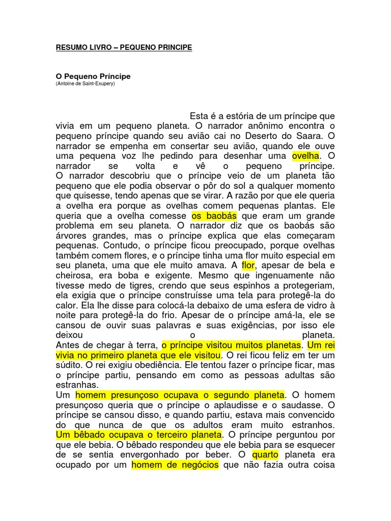 Resumo Do Livro Pequeno Principe Para Imprimir