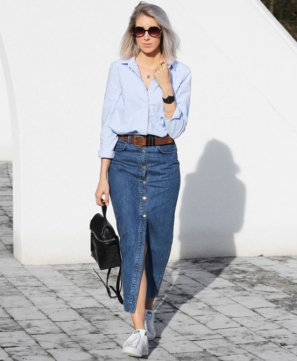 looks com saia midi jeans