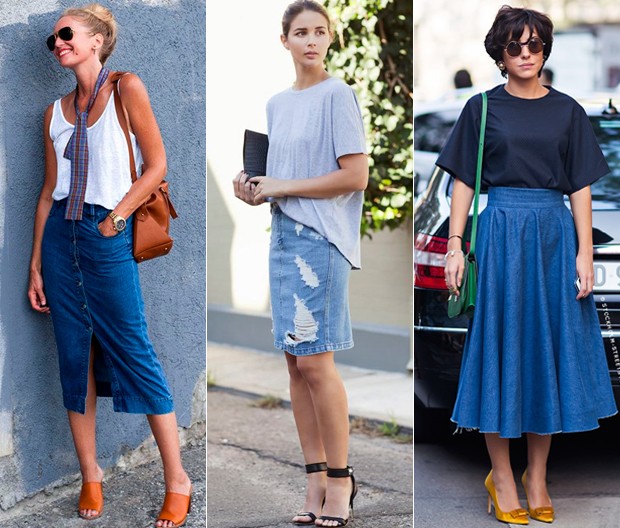 saia midi jeans com t-shirt