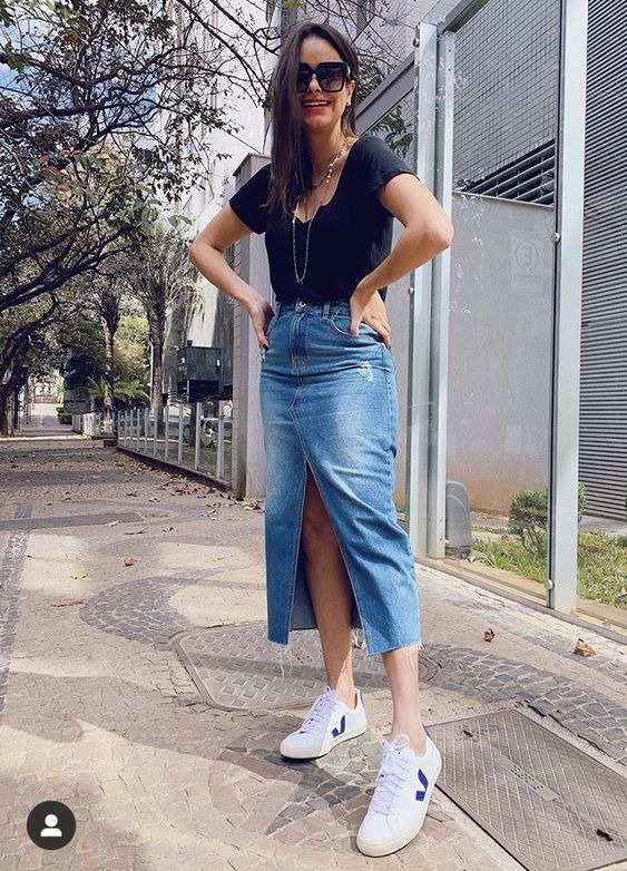 looks com saia midi jeans