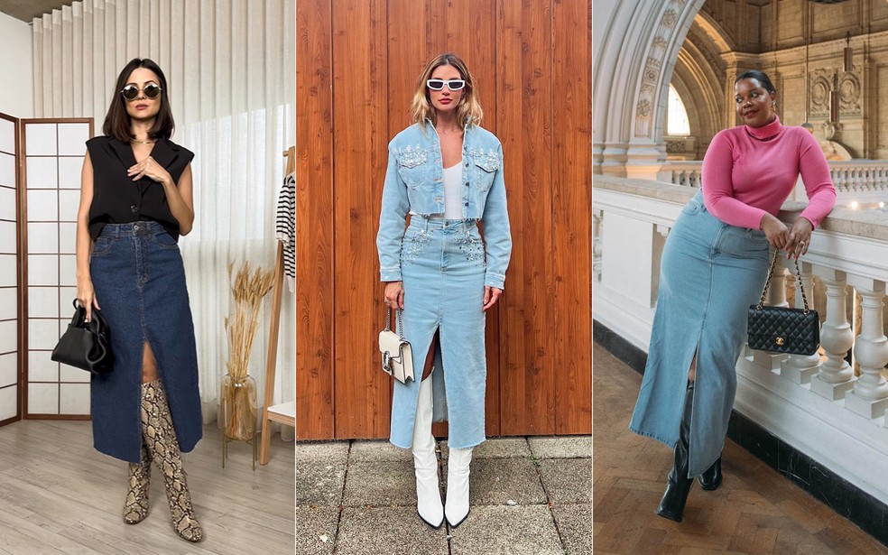 saia midi jeans com tênis