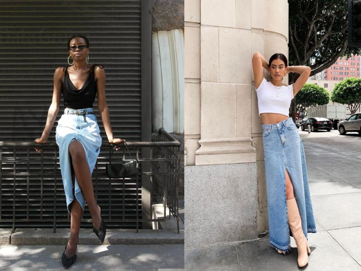 saia midi jeans com bota