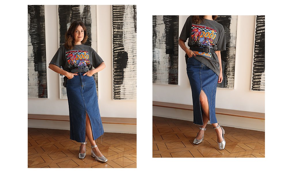 saia midi jeans cintura alta