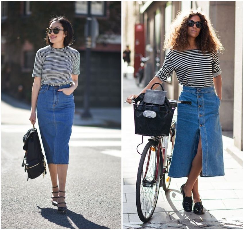 saia midi jeans looks trabalho
