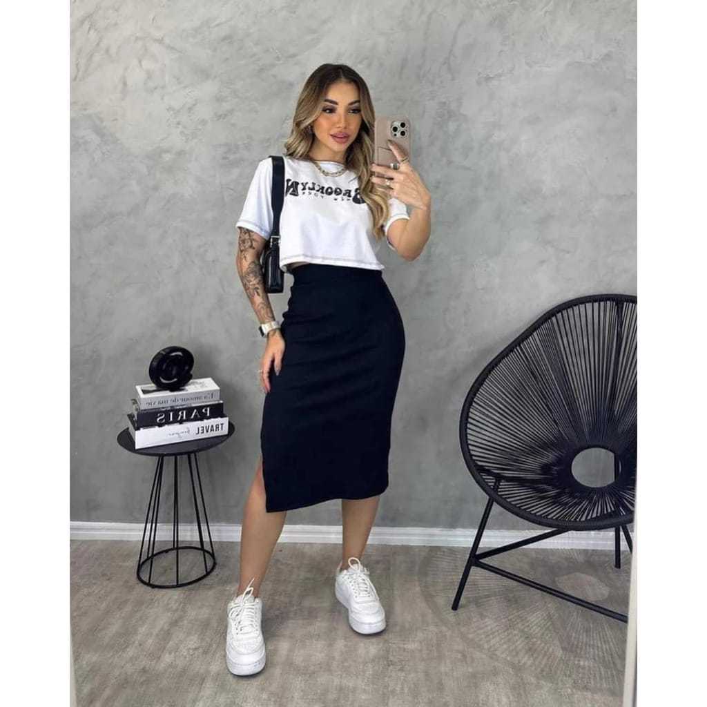 saia midi preta com camisa