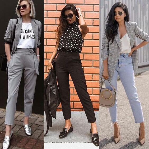 looks com sapato de salto baixo para trabalhar