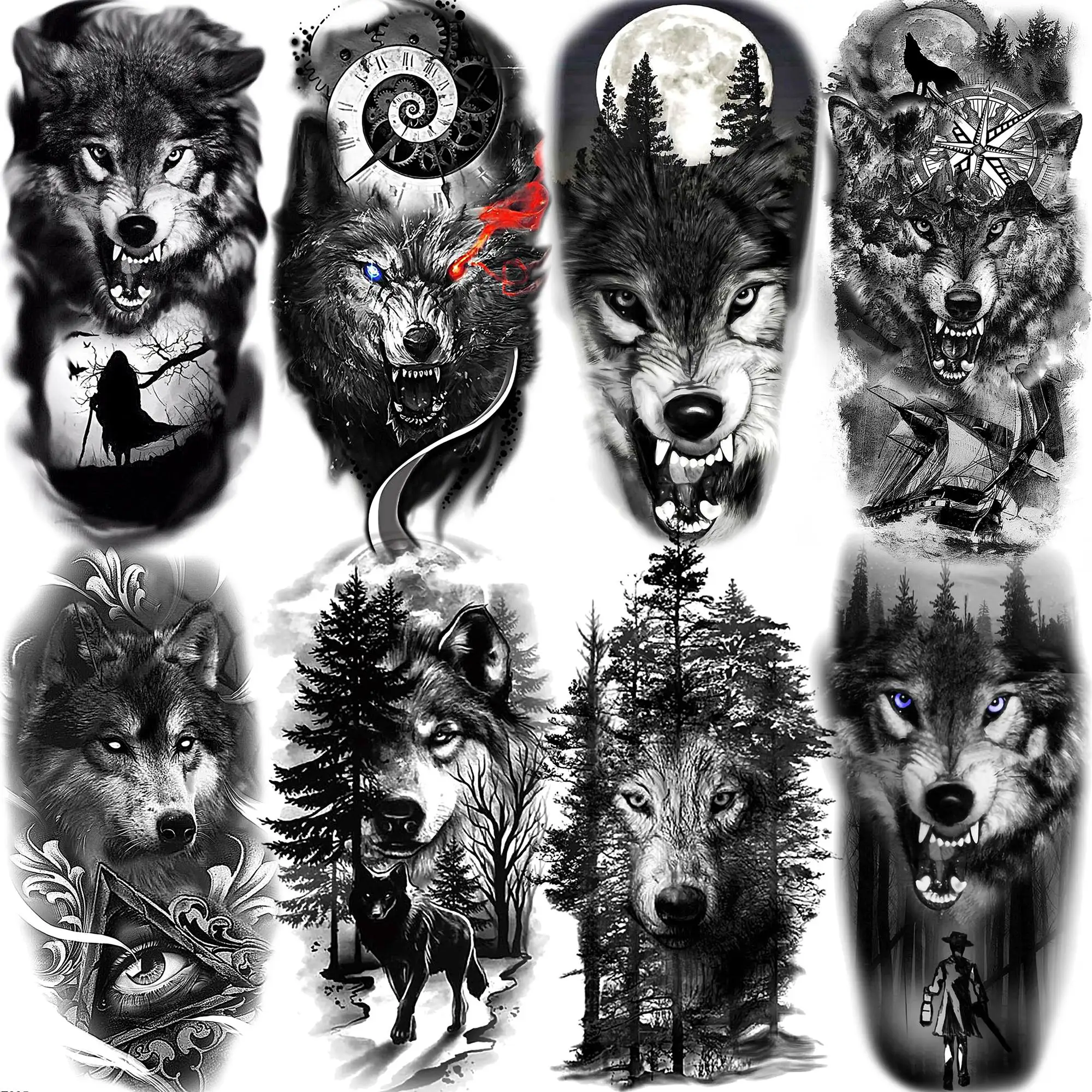 tatuagem de lobo preto e branco