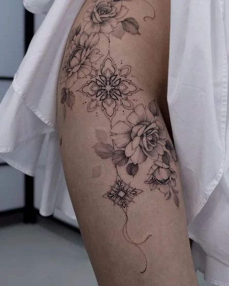 ideias tatuagem coxa fine line feminina