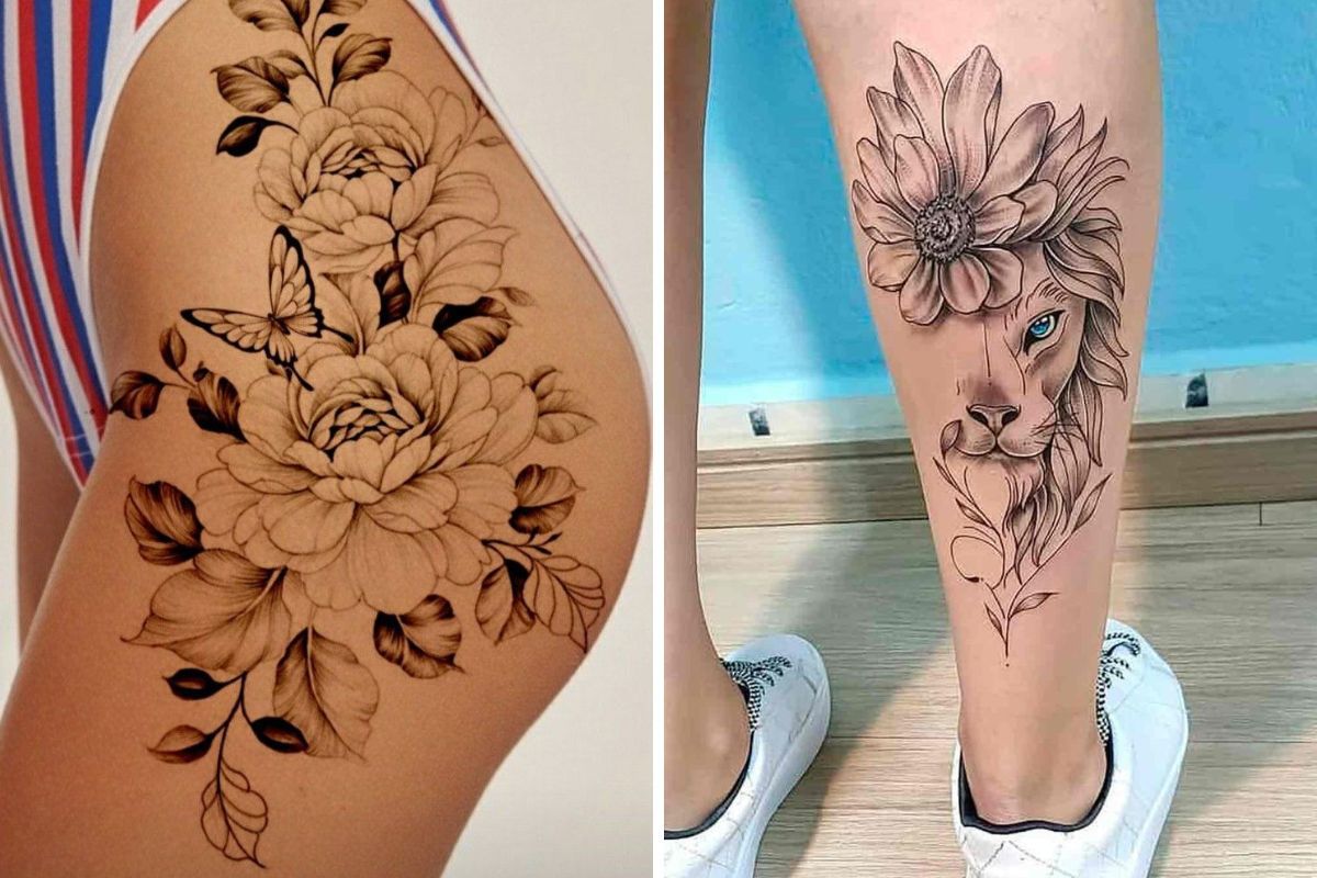 ideias de tatuagem feminina coxa lateral com flores
