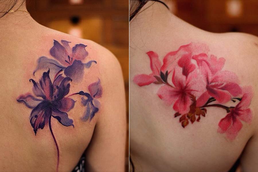 ideias tatuagem flor fineline aquarela
