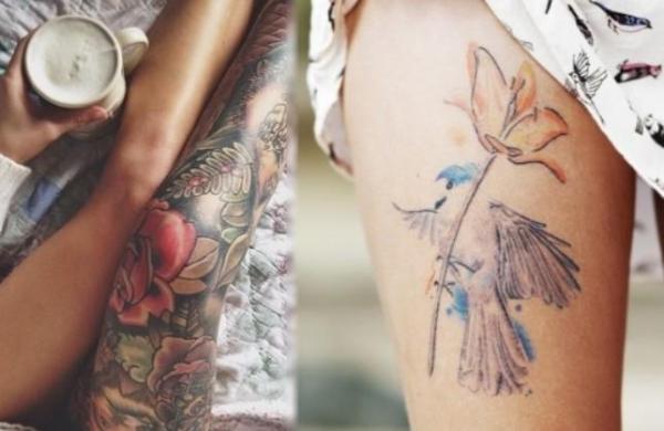 tatuagem feminina fineline na perna inteira