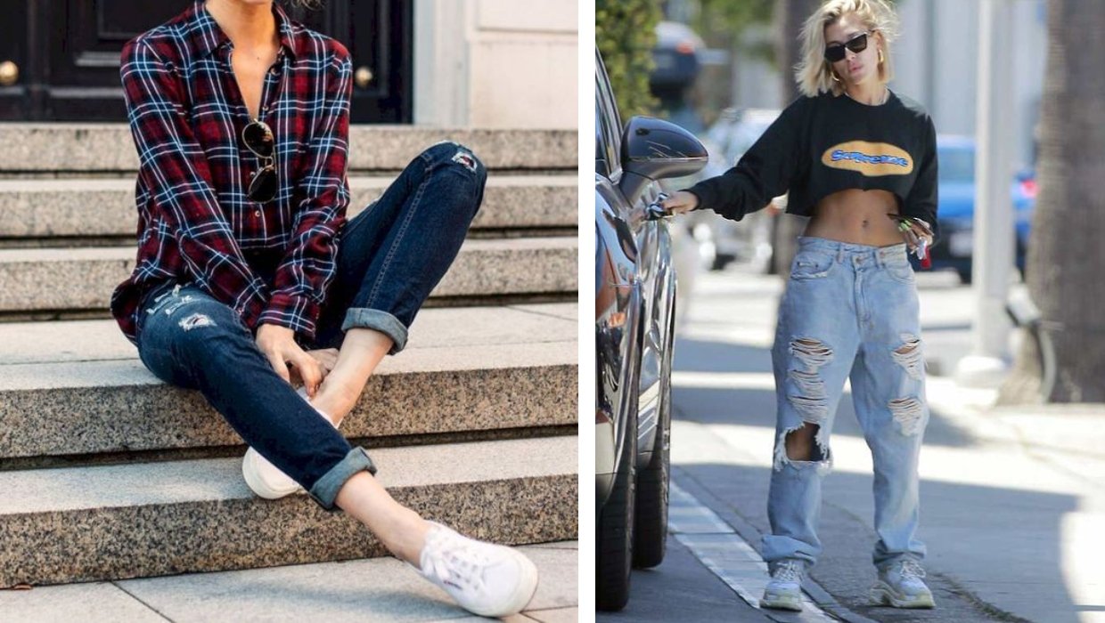 tênis jeans com calça wide leg