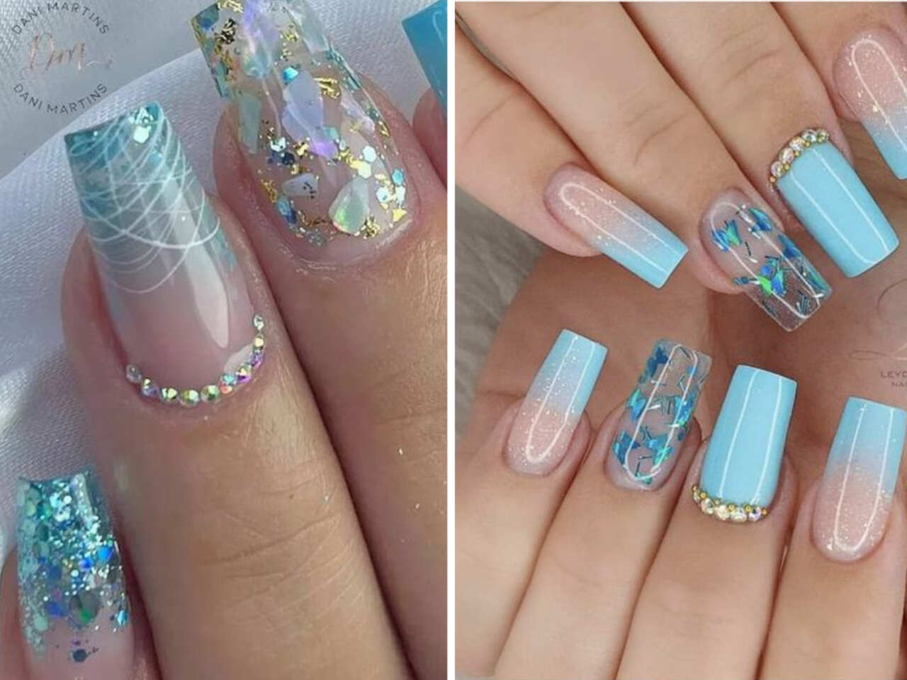 unha decorada azul bebê