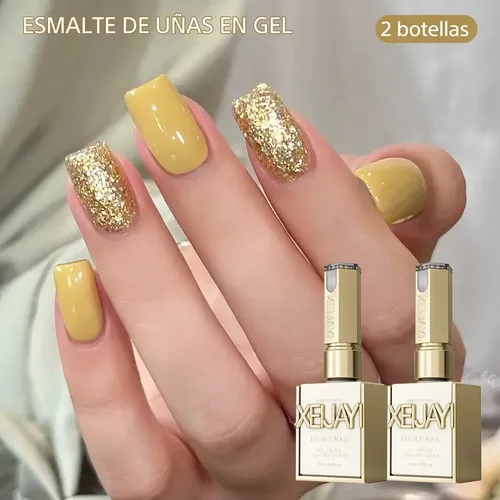 unha em gel amarela com glitter dourado
