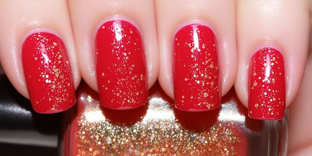 unha vermelha com glitter flocado