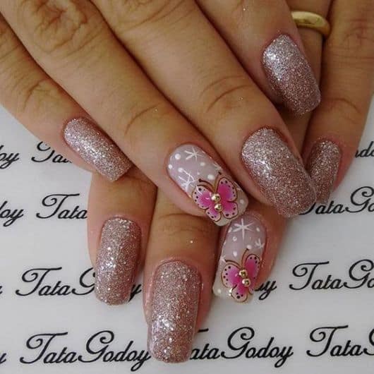 unhas longas borboleta glitter