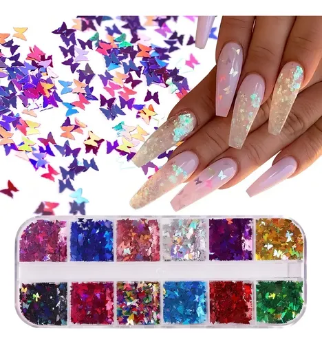 unhas de gel borboleta glitter