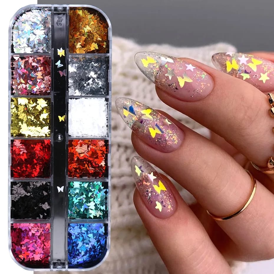 unhas borboleta e glitter encapsuladas