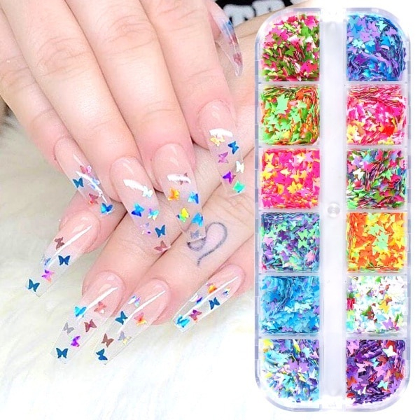 unhas borboleta e glitter degradê