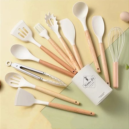 utensílios de silicone com cabo de madeira