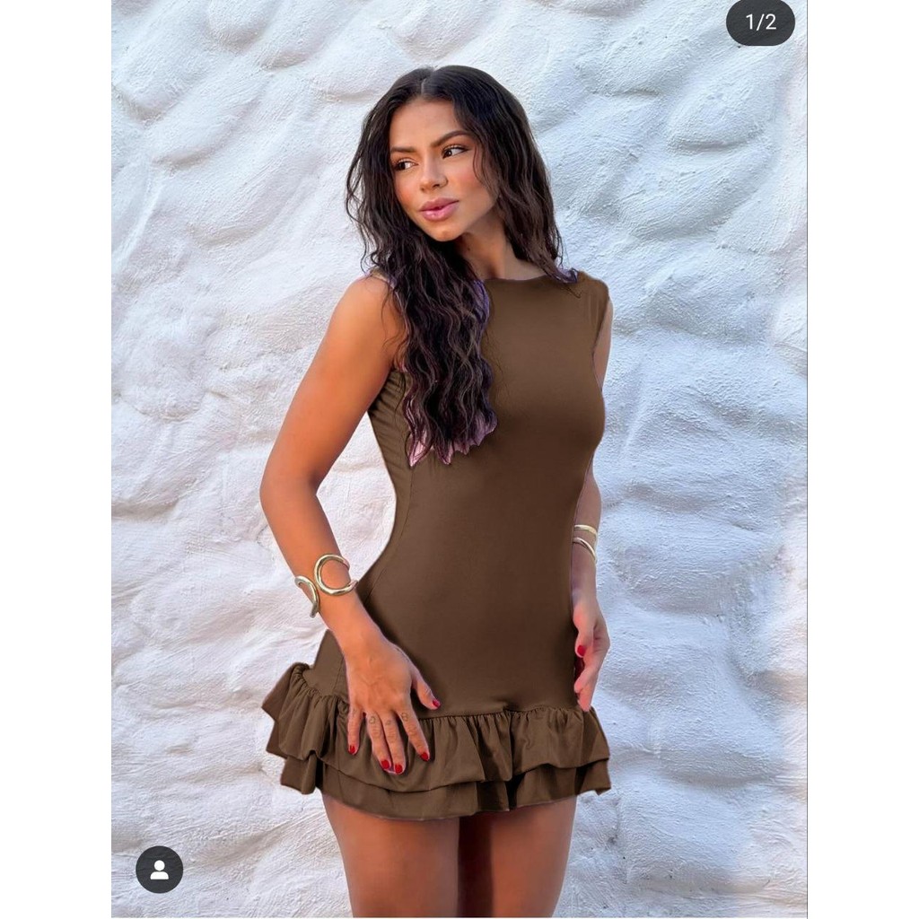 vestido babado manga flare
