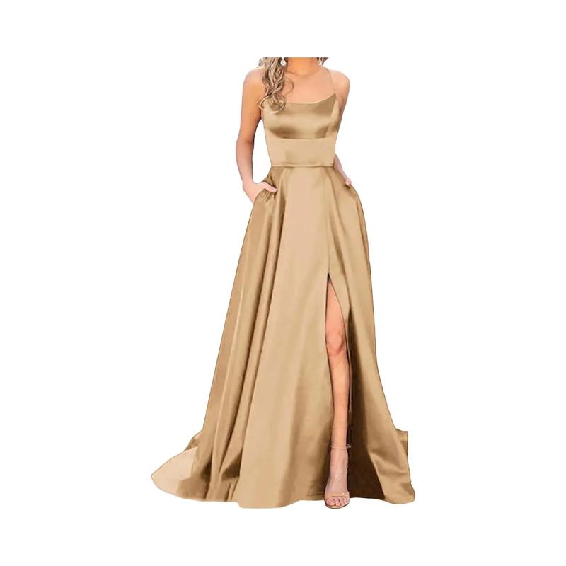 vestido de festa com fenda bege