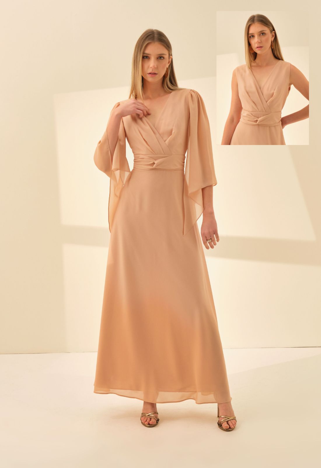 vestido de festa com renda bege