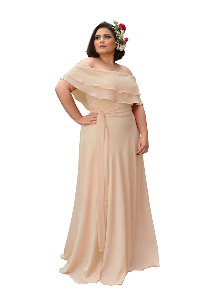 vestido de festa minimalista bege