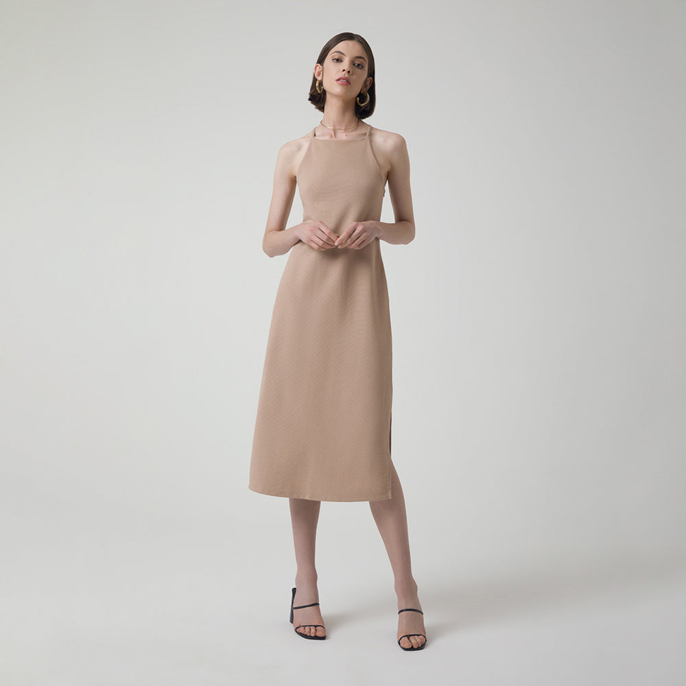 vestido bege midi manga bufante