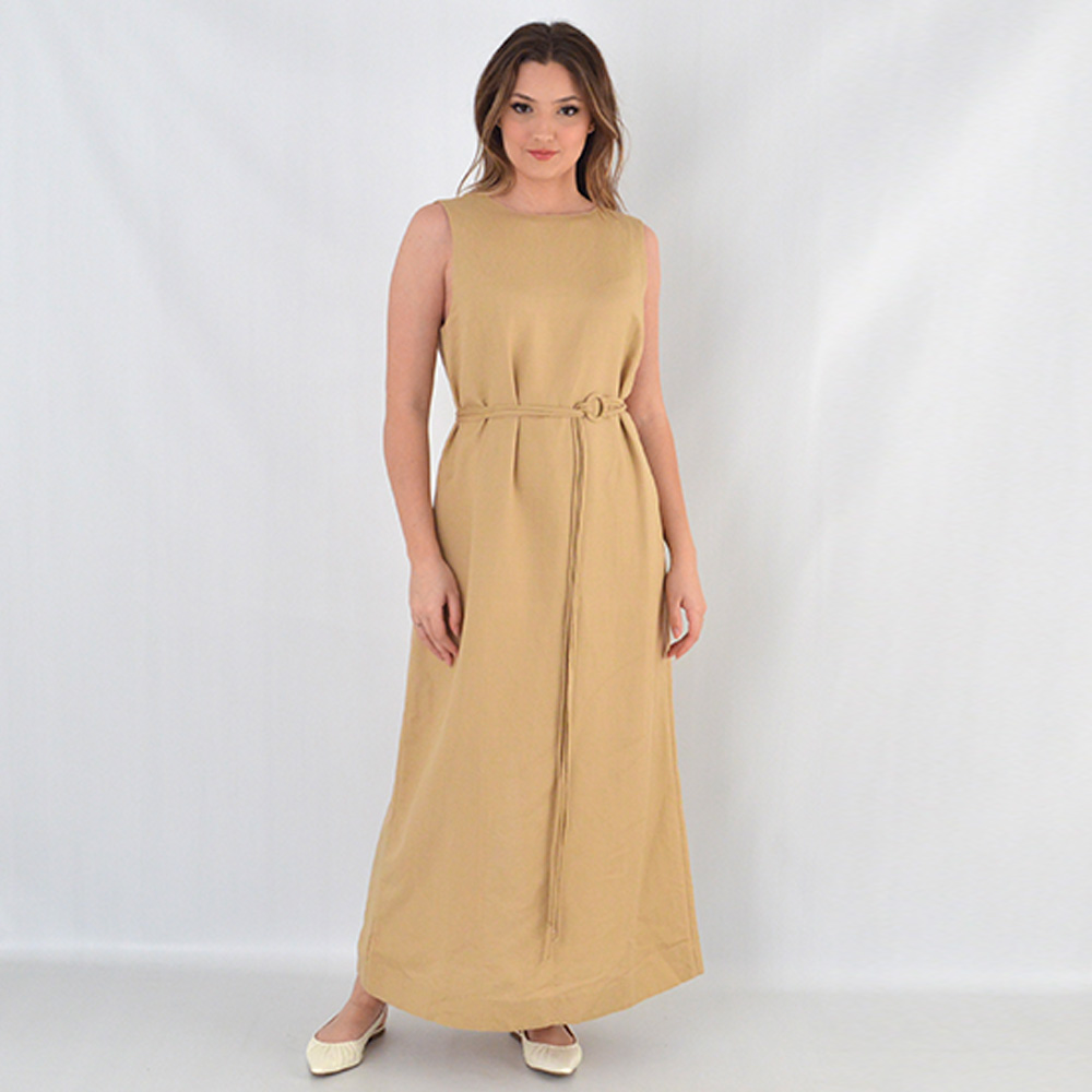 vestido bege midi alfaiataria