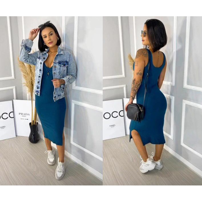 vestido canelado midi com bota