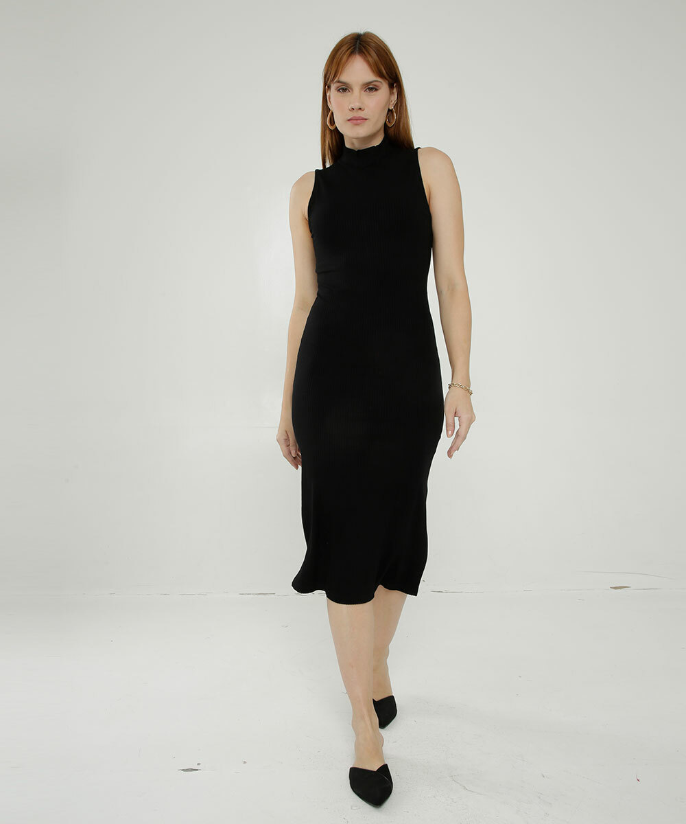 vestido canelado midi bege