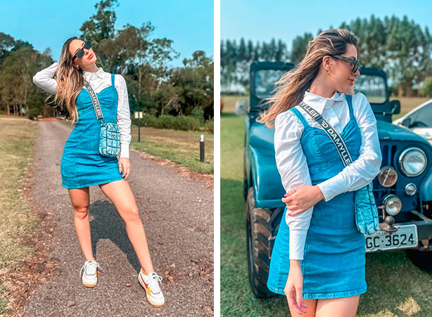 vestido jeans curto com tênis branco
