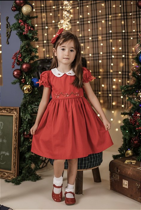 vestido vermelho infantil com pérolas