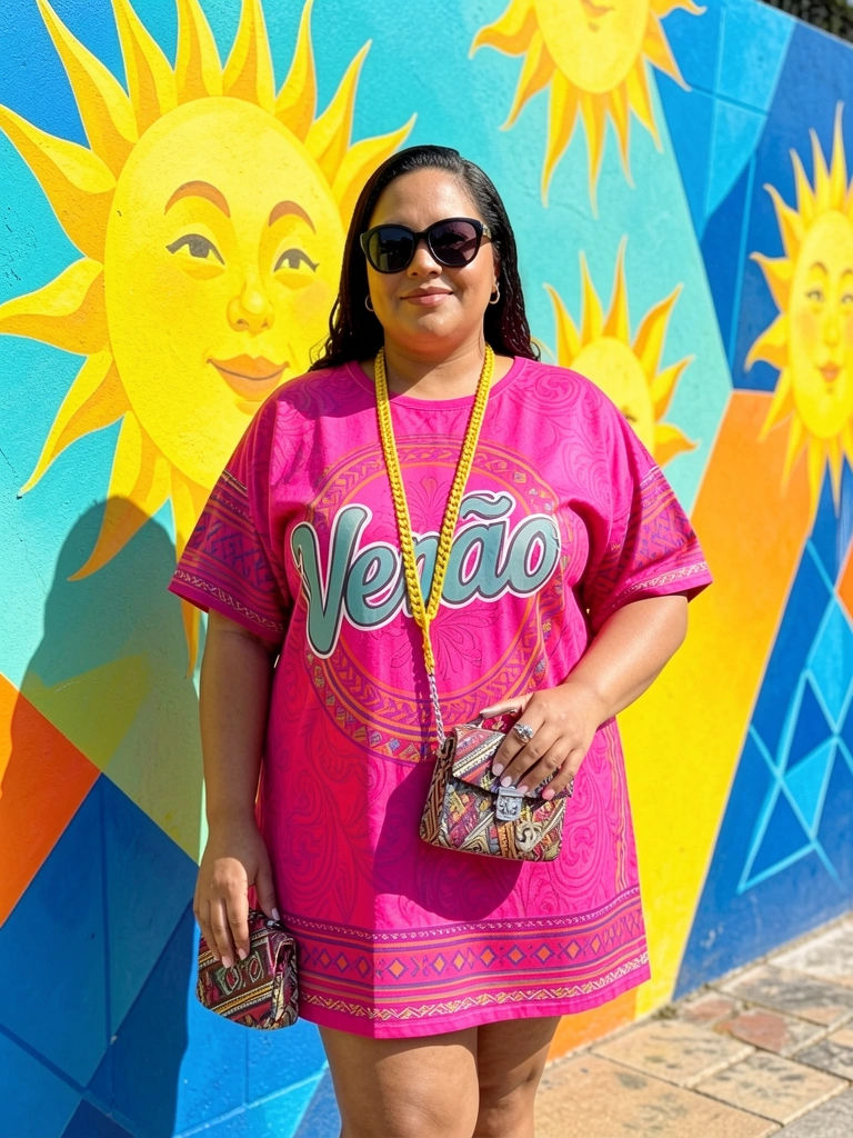 Mulher plus-size com abadá rosa vibrante estampado 