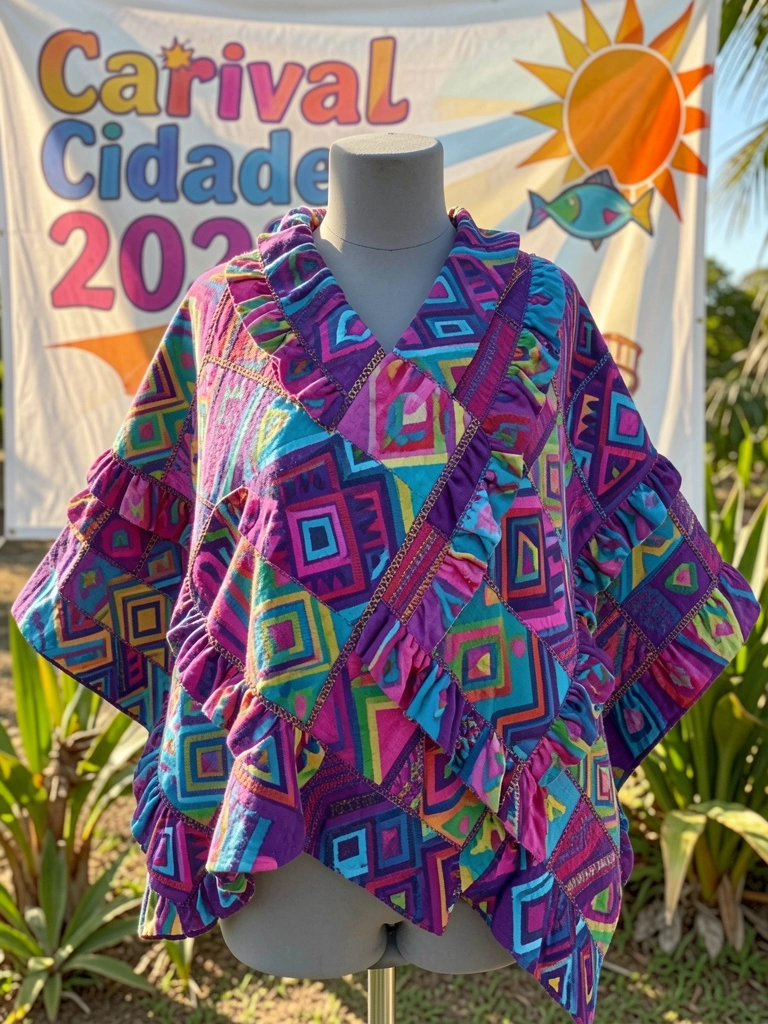 Abadá artesanal com padrão geométrico em roxo, rosa, azul e verde sobre manequim cinza, banner do Carnival Cidade 2023 ao fundo, luz natural.