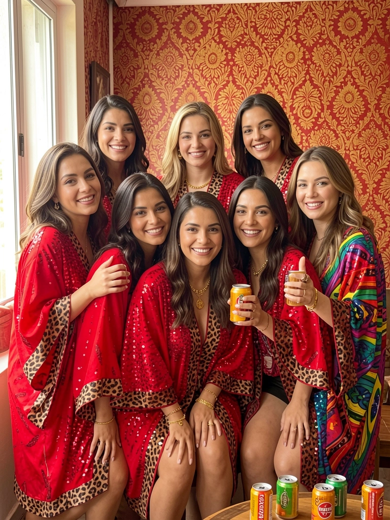 Mulheres em abadás vermelhos com paetês e estampa de onça, uma segura lata de cerveja, parede vermelha e dourada ao fundo, luz natural.