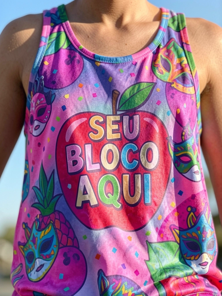 Camiseta com estampa vibrante de maçã e confetes, luz natural difusa destaca textura do tecido.