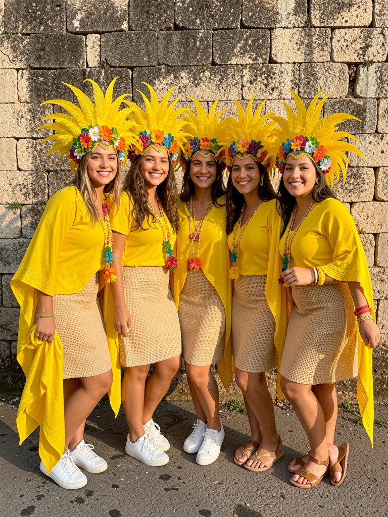 Paredão de pedra desgastada, cinco mulheres com abadás amarelos, cocares de penas e flores, sorrindo ao ar livre.