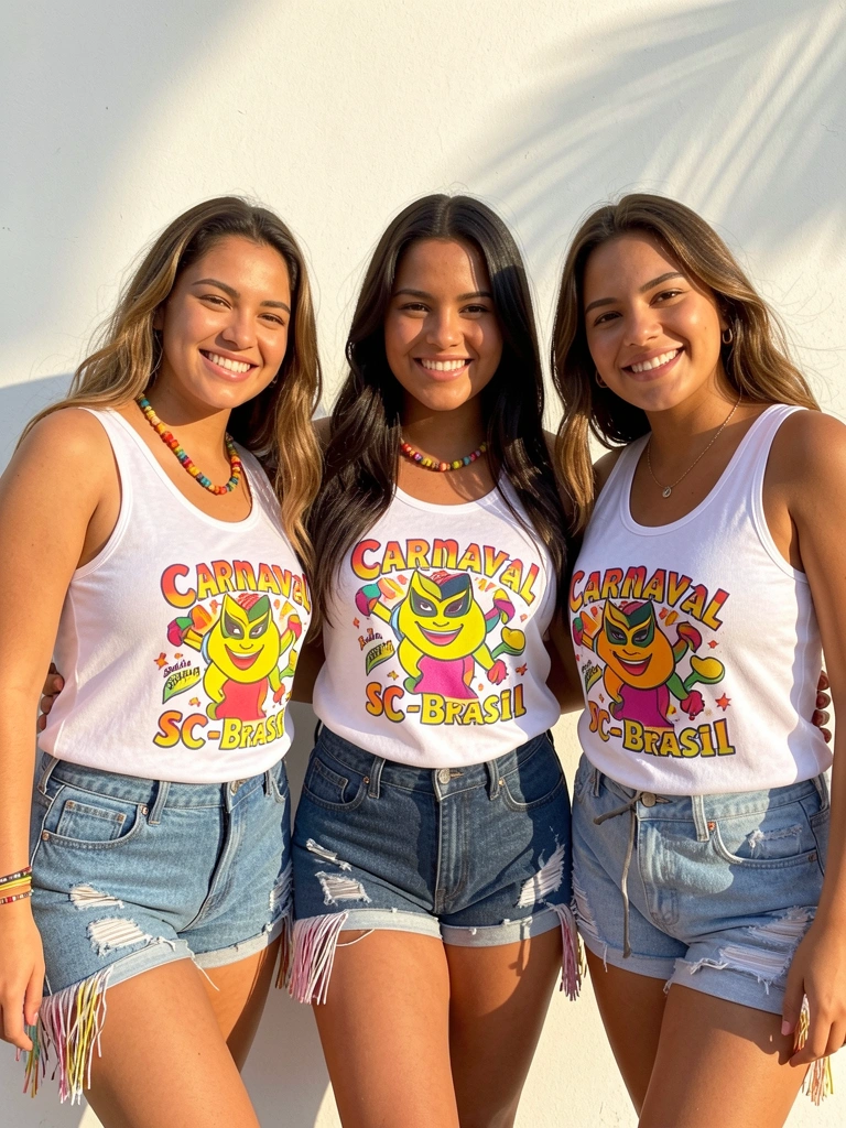 Três mulheres sorrindo com camisetas brancas de carnaval, shorts jeans e franjas, parede branca com gradiente sutil.