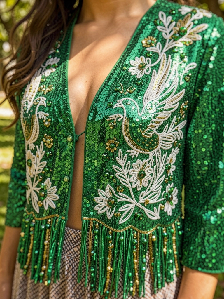Blusa verde brilhante com bordados de pássaros e flores em branco e dourado, gola V aberta, saia texturizada ao fundo, luz do dia suave e desfocada.