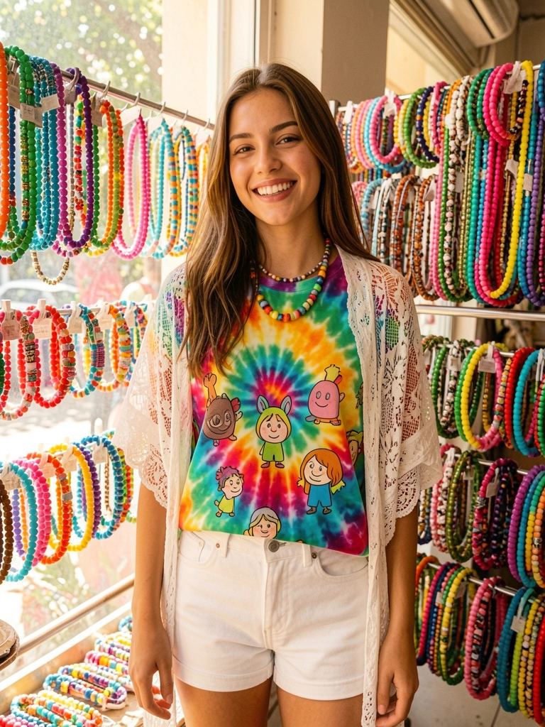 Luz solar filtrada por janela ilumina jovem de camiseta tie-dye colorida com personagens, xale de renda e shorts brancos, em meio a colares de miçangas pendurados.