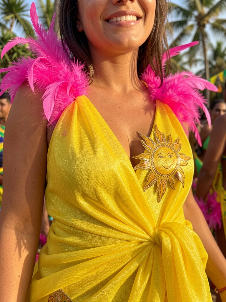 Tecido amarelo vibrante com plumas rosas e sol decorativo, textura brilhante sob luz natural, folhagem tropical ao fundo.