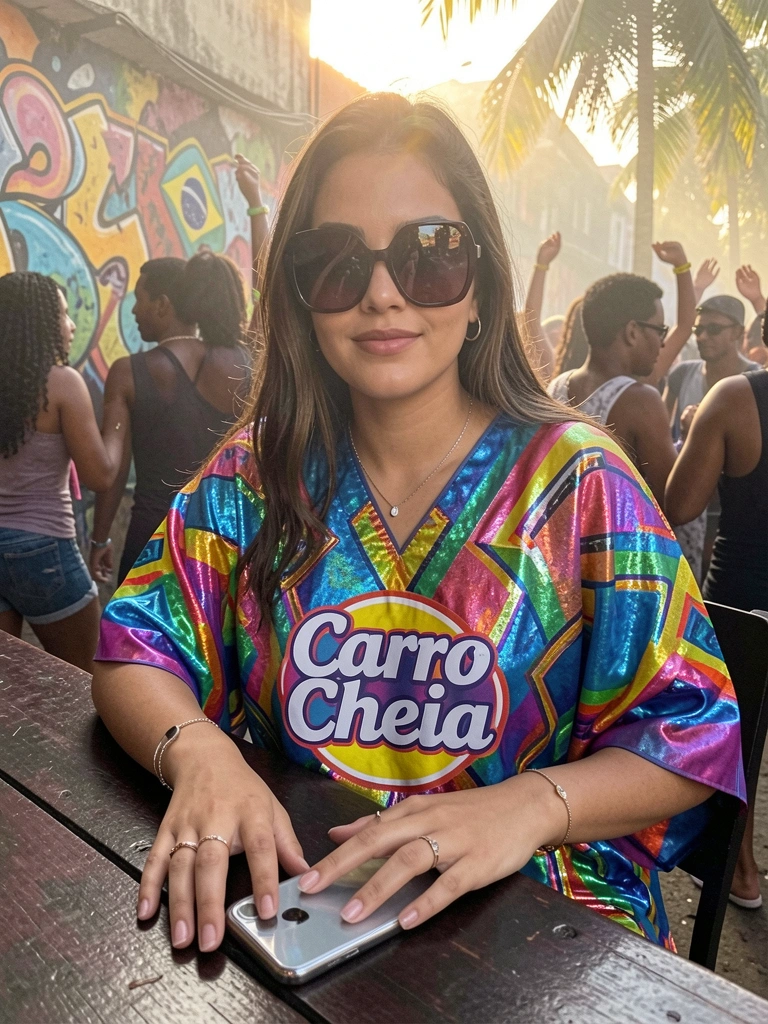 Mulher com abadá iridescente de padrões geométricos e logo 