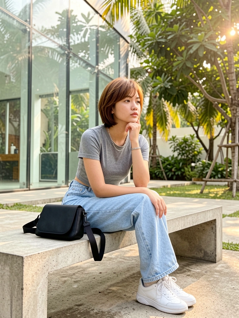 Mulher de cabelo castanho curto, camiseta cinza e jeans azul claro sentada em banco de concreto ao ar livre, com bolsa preta ao lado, edifício de vidro e árvores verdes ao fundo, luz natural tropical.